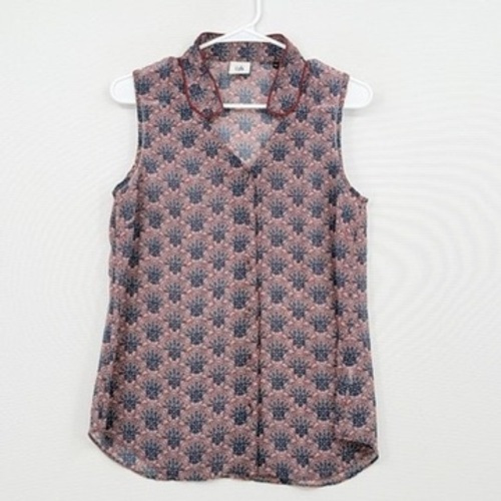 Cabi Medallion Print Sleeveless Blouse Womens Small Blue Burgundy Boho Career